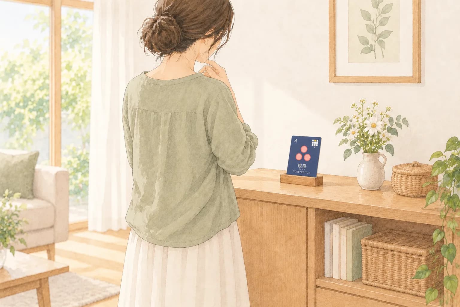 整えた棚に置いたカードを暮らしの中で眺める女性の後ろ姿